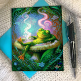A colorful greeting card featuring a frog soaking in a mushroom hot tub surrounded by swirling flowers and foliage, created by Primal Painter.