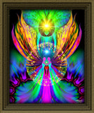 Energy art of two angels with rainbow wings, embracing each other inside a starburst circle. Purples rays of energy are in the background and above is a yellow starburst. Displayed in a brown frame