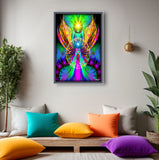 Energy art of two angels with rainbow wings, embracing each other inside a starburst circle. Purples rays of energy are in the background and above is a yellow starburst. Displayed in a frame over a meditation space of pillows
