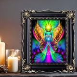 Energy art of two angels with rainbow wings, embracing each other inside a starburst circle. Purples rays of energy are in the background and above is a yellow starburst. Displayed in a black frame next to a candle