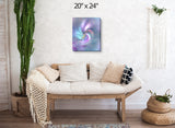 Pastel abstract art canvas print called Inner Vision by Primal Painter featuring a central eye with swirling colors of pink, purple, blue, and gray emanating from the center. Hanging over a couch