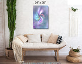 Pastel abstract art canvas print called Inner Vision by Primal Painter featuring a central eye with swirling colors of pink, purple, blue, and gray emanating from the center. Hanging over a couch