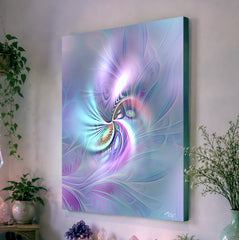 Pastel abstract art canvas print called Inner Vision by Primal Painter featuring a central eye with swirling colors of pink, purple, blue, and gray emanating from the center. 