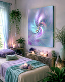 Pastel abstract art canvas print called Inner Vision by Primal Painter featuring a central eye with swirling colors of pink, purple, blue, and gray emanating from the center.  Hanging in a serene therapy room or wellness center