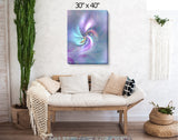 Pastel abstract art canvas print called Inner Vision by Primal Painter featuring a central eye with swirling colors of pink, purple, blue, and gray emanating from the center. Hanging over a couch