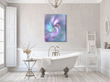 Pastel abstract art canvas print called Inner Vision by Primal Painter featuring a central eye with swirling colors of pink, purple, blue, and gray emanating from the center. Hanging over a couch