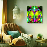 A stretched canvas print featuring a colorful abstract angel art, predominantly in green, with a focus on spiritual and metaphysical themes hanging over a chair. Art by Primal Painter