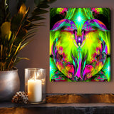 A stretched canvas print featuring a colorful abstract angel art, predominantly in green, with a focus on spiritual and metaphysical themes hanging over a shelf with a candle. Art by Primal Painter