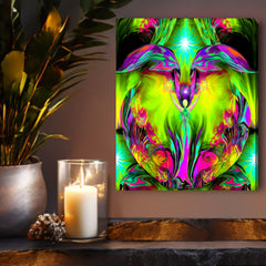 A stretched canvas print featuring a colorful abstract angel art, predominantly in green, with a focus on spiritual and metaphysical themes hanging over a shelf with a candle. Art by Primal Painter