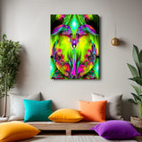 A stretched canvas print featuring a colorful abstract angel art, predominantly in green, with a focus on spiritual and metaphysical themes in a meditation room. Art by Primal Painter