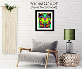 green and fuchsia angel art print with violet flames at her feet called Inspiration by Primal Painter. Framed hanging over a couch, 11x14