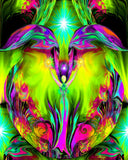 green and fuchsia angel art print with violet flames at her feet called Inspiration by Primal Painter