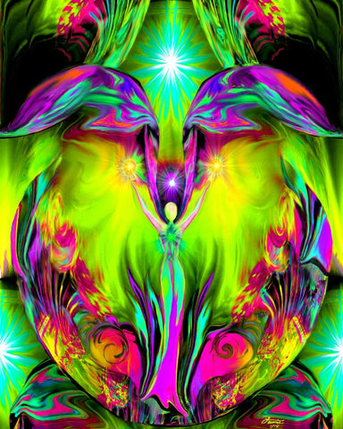 green and fuchsia angel art print with violet flames at her feet called Inspiration by Primal Painter
