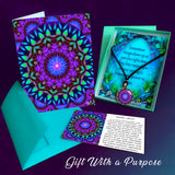 Purple, blue and green sacred geometry intuition gift set, 3 pieces, pendant, greeting card, and symbolism card with gift box