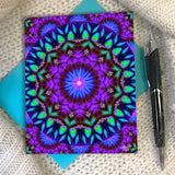 Greeting card with envelope featuring a Purple and blue intuition mandala artwork by Primal Painter. 
