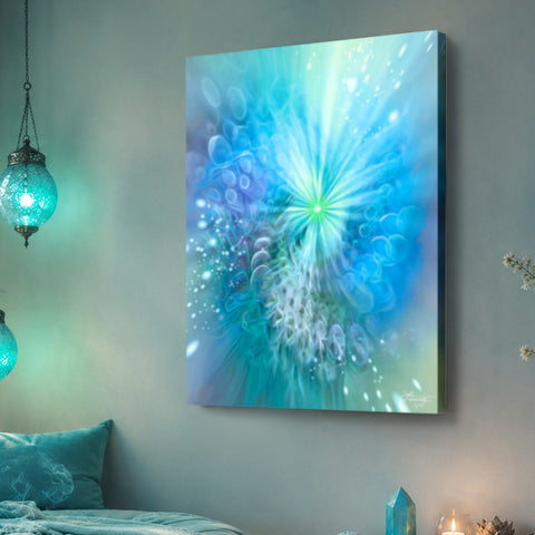 Swirling abstract art canvas print with sparkles in pastel blues, greens, and a touch of lavender called "Intuitive Sparks" by Primal Painter. 