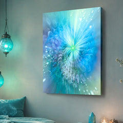 Swirling abstract art canvas print with sparkles in pastel blues, greens, and a touch of lavender called "Intuitive Sparks" by Primal Painter. 