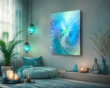 Swirling abstract art canvas print with sparkles in pastel blues, greens, and a touch of lavender called "Intuitive Sparks" by Primal Painter. Displayed in a spiritual blue room, meditation.