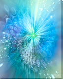 Swirling abstract art canvas print with sparkles in pastel blues, greens, and a touch of lavender called "Intuitive Sparks" by Primal Painter. 