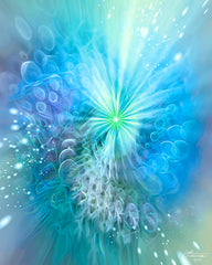 "Intuitive Sparks" is a swirling modern abstract art print in shades of blue and a touch of violet with white sparkles and is in the Zen series of energy art by Primal Painter.