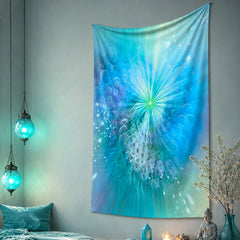 Decorative tapestry with a blue and green abstract design called Intuitive Sparks by Primal Painter in a room with candles, plants, and a Buddha statue.