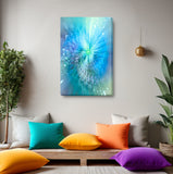 Swirling abstract art canvas print with sparkles in pastel blues, greens, and a touch of lavender called "Intuitive Sparks" by Primal Painter. Displayed above a meditation space with colorful pillows