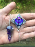 Amethsyt Crystal Pendulum, Dowsing Tool with Reiki Energy Art by Primal Painter - "Intuitive Truth"