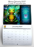 Calendar for January 2027 with a colorful frog illustration on a white background
