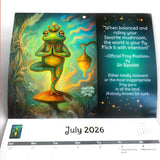 Calendar page for July 2026 with a colorful illustration of a frog and text.