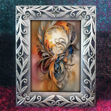 Decorative frame with intricate designs containing a colorful abstract art piece on a textured background.