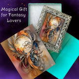 Decorative cards with intricate designs on a teal box against a dark background.