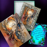 Framed Mini goddess art gift set called The Keeper by Primal Painter and includes a matching story card with quote and lore and a blessing card. Gift box included