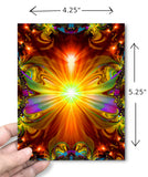 Greeting card featuring orange Light Being artwork by Primal Painter with dimensions