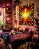 Canvas print of an orange and red psychedelic canvas print called Light Being by Primal Painter. Hanging in a Reiki therapy room