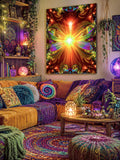 Canvas print of an orange and red psychedelic canvas print called Light Being by Primal Painter. Hanging in a bohemian living room