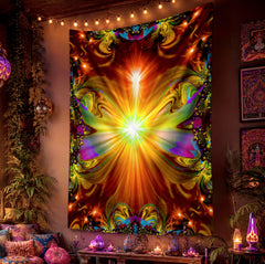 Colorful tapestry called Light Being by Primal Painter with a vibrant abstract art design hanging on a wall in a room with decorative elements.