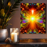 Colorful abstract painting on a wall with a candle called "Light Being" by Primal Painter. 