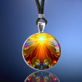 bright orange, yellow, and red handmade abstract art necklace in the chakra-themed line of reiki jewelry by Primal Painter