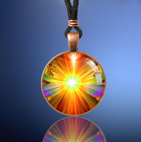Round copper necklace against a blue background and featuring psychedelic yellow, orange, and red chakra art in a starburst angel pattern