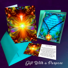 3 piece orange necklace gift set featuring Light Being artwork and includes a matching art card and symbolism card with gift box