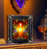 Orange and red abstract angel artwork with a starburst center, rainbow colors in the wings, a heart at the bottom, and tiny figures around the border. Presented in a black frame on a shelf