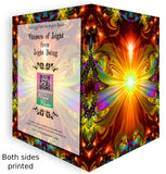 Front and back spread view of a greeting card printed on both sides of psychedelic orange artwork called Light Being, text on the back