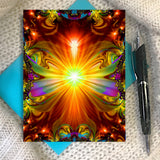 Greeting card featuring psychedelic artwork by Primal Painter called Light Being, blue envelope