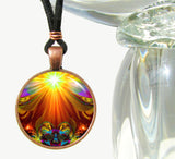 Necklace with rainbow abstract artwork with a sunburst at the top and a heart at the bottom