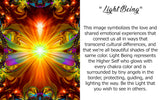 Orange and red abstract angel artwork with a starburst center, rainbow colors in the wings, a heart at the bottom, and tiny figures around the border with text describing the symbolism