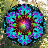 Back view: Textured glass mandala suncatcher featuring rainbow artwork call Flowering Lotus by Primal Painter. 