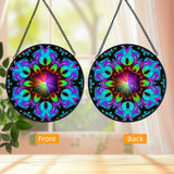 Front and back views: Textured glass mandala suncatcher featuring rainbow artwork call Flowering Lotus by Primal Painter. 