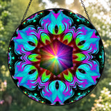 Textured glass mandala suncatcher featuring rainbow artwork call Flowering Lotus by Primal Painter. 