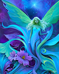 Fairy art with ethereal green wings standing among purple flowers and foliage at twilight called Lunaria Silvermist by Primal Painter
