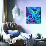 Canvas art print of a blue fairy with green wings called Lunaria Silvermist  emerging from  purple and teal flowers by Primal Painter. hanging above a cozy chair